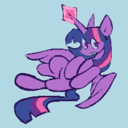 Size: 1000x1000 | Tagged: safe, artist:partyponypower, derpibooru import, twilight sparkle, twilight sparkle (alicorn), alicorn, pony, blue background, cyan background, frown, magic, simple background, solo