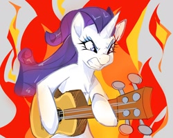 Size: 1882x1509 | Tagged: safe, artist:ecstasydemon, derpibooru import, rarity, pony, unicorn, honest apple, angry, fire, guitar, musical instrument, scene interpretation, solo, teeth