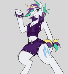 Size: 1381x1509 | Tagged: safe, artist:ecstasydemon, derpibooru import, rarity, semi-anthro, unicorn, alternate hairstyle, bipedal, clothes, hooves, midriff, punk, raripunk, shorts, smiling, solo, spiked wristband, standing, wristband