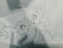 Size: 2048x1536 | Tagged: safe, artist:yourpennypal, derpibooru import, pinkie pie, twilight sparkle, unicorn twilight, unicorn, dialogue, ears, floppy ears, graph paper, lined paper, pinkie sense, text, traditional art