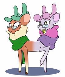 Size: 2551x3000 | Tagged: safe, artist:mrneo, derpibooru import, cashmere (tfh), oc, oc:mohair, deer, reindeer, them's fightin' herds, antlers, canon x oc, clothes, community related, conjoined, fusion, glasses, looking at each other, looking at someone, looking back, mocash, open mouth, open smile, pushmi-pullyu, scarf, shipping, shrunken pupils, simple background, smiling, we have become one, white background