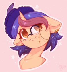 Size: 1821x1956 | Tagged: safe, artist:amishy, derpibooru import, oc, oc only, pony, unicorn, bust, ears, female, floppy ears, hat, horn, mare, monocle, outline, pink background, simple background, smiling, solo, unicorn oc