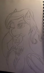 Size: 2475x4029 | Tagged: safe, derpibooru import, oc, oc only, bat pony, pony, drawing, happy, heart, lineart, pencil drawing, pony oc, sketch, sketchbook, smiling, solo, traditional art