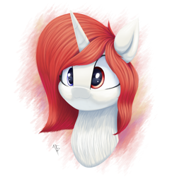 Size: 1600x1600 | Tagged: safe, artist:t15, derpibooru import, oc, oc only, unicorn, bust, commission, horn, multicolored eyes, red mane, signature, simple background, smiling, solo, unicorn oc