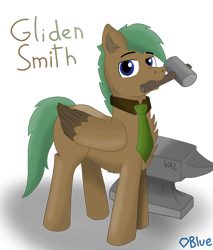 Size: 920x1080 | Tagged: safe, derpibooru import, oc, oc only, oc:gliden smith, pegasus, anvil, blue eyes, green mane, hammer, male, necktie, pegasus oc, simple background, solo, tall, transparent background, wings