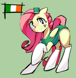 Size: 3640x3719 | Tagged: safe, artist:solid shrimp, derpibooru import, fluttershy, pegasus, pony, clothes, green background, hat, holiday, ireland, irish, looking at you, one-piece swimsuit, saint patrick's day, simple background, smiling, socks, solo, sticker, swimsuit