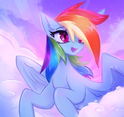 Size: 2048x1930 | Tagged: safe, artist:qwennondeathdie, derpibooru import, rainbow dash, pegasus, pony, cloud, female, mare, open mouth, solo, wings