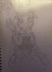 Size: 2747x3820 | Tagged: safe, derpibooru import, oc, oc only, pony, armor, armor skirt, armored pony, drawing, lineart, mask, pencil drawing, pony oc, samurai, sitting, sketch, sketchbook, skirt, solo, traditional art