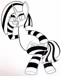 Size: 2863x3569 | Tagged: safe, artist:spoopygirl, derpibooru import, oc, oc only, unicorn, clothes, glasses, ink, lineart, simple background, socks, solo, striped socks, traditional art, white background