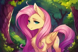 Size: 768x512 | Tagged: safe, derpibooru import, machine learning generated, fluttershy, pegasus, pony, chest fluff, female, forest, mare, solo