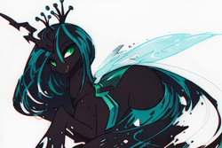 Size: 768x512 | Tagged: safe, derpibooru import, machine learning generated, queen chrysalis, changeling, changeling queen, lying down, prone, simple background, solo, white background