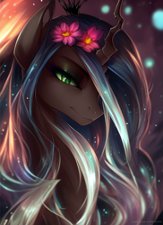 Size: 512x704 | Tagged: safe, derpibooru import, machine learning generated, queen chrysalis, changeling, changeling queen, flower, flower in hair, solo