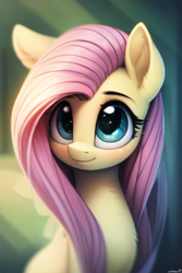 Size: 512x768 | Tagged: safe, derpibooru import, machine learning generated, fluttershy, pegasus, pony, blushing, cute, female, mare, shyabetes, smiling, solo