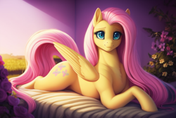 Size: 1152x768 | Tagged: safe, derpibooru import, machine learning generated, fluttershy, pegasus, bed, chest fluff, cute, flower, long mane, long tail, looking at you, lying down, prone, shyabetes, smiling, solo, tail