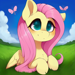 Size: 512x512 | Tagged: safe, derpibooru import, machine learning generated, fluttershy, butterfly, pony, cloud, cute, female, field, grass, lying down, mare, prone, shyabetes, solo, spread wings, wings