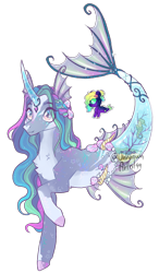 Size: 594x1018 | Tagged: safe, artist:unknown-artist99, derpibooru import, oc, oc only, hybrid, merpony, pony, seahorse, seapony (g4), unicorn, bubble, coral, curved horn, dorsal fin, female, fin, fins, fish tail, flowing mane, flowing tail, glass, horn, jewelry, logo, mare, mermaid tail, multicolored hair, necklace, pearl necklace, pink eyes, seaponified, seashell, signature, simple background, smiling, solo, species swap, swimming, tail, translucent, transparent background, underwater, water