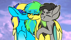 Size: 1920x1080 | Tagged: safe, artist:koa, derpibooru import, oc, oc:faulty, oc:general mumble, oc:koa, changeling, pegasus, pony, happy, hug, kiss on the cheek, kissing, polyamory, shipping, winghug, wings