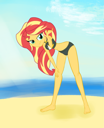 Size: 1191x1470 | Tagged: safe, artist:calmbreezes, derpibooru import, sunset shimmer, human, equestria girls, bare shoulders, barefoot, beach, clothes, feet, legs, sleeveless, solo, sunset shimmer's beach shorts swimsuit, swimsuit