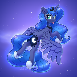 Size: 2480x2480 | Tagged: safe, artist:dandy, derpibooru import, princess luna, alicorn, pony, :3, :p, crown, cute, ear fluff, ears, eyebrows, eyebrows visible through hair, female, high res, horn, jewelry, looking at you, looking back, looking back at you, looking over shoulder, lunabetes, mare, regalia, smiling, smiling at you, solo, space, space background, spread wings, tongue, tongue out, wings