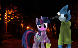 Size: 969x606 | Tagged: safe, artist:madelmena, derpibooru import, twilight sparkle, bird, blue jay, pony, unicorn, clothes, crossover, crossover shipping, female, jacket, male, mordecai, mordetwi, night, photoshop, regular show, scarf, shipping, straight, streetlight, winter outfit