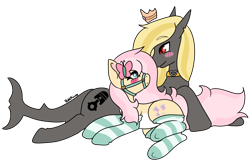 Size: 4000x2597 | Tagged: safe, artist:pastel-pony-princess, derpibooru import, fluttershy, oc, oc:somebodyaswell, original species, pegasus, shark, shark pony, bridle, clothes, collar, crown, jewelry, regalia, simple background, socks, stockings, striped socks, tack, thigh highs, transparent background