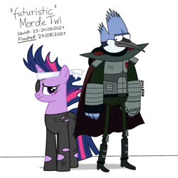 Size: 1024x1024 | Tagged: safe, artist:g4lleon, derpibooru import, twilight sparkle, bird, blue jay, pony, unicorn, cape, clothes, crossover, crossover shipping, duo, eyepatch, female, future, future twilight, gauntlet, male, mordecai, mordetwi, regular show, shipping, simple background, straight, text, white background