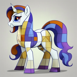 Size: 1024x1024 | Tagged: safe, derpibooru import, generator:midjourney, machine learning generated, elusive, rarity, pony, unicorn, angular, colored hooves, de stijl, gradient background, male, modern art, piet mondrian, raised tail, rule 63, simple background, solo, tail, unintentional rule 63