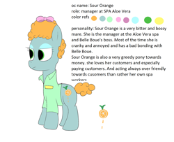 Size: 1800x1460 | Tagged: safe, artist:amateur-draw, derpibooru import, oc, oc only, oc:sour orange, earth pony, pony, clothes, female, makeup, mare, reference, reference sheet, simple background, solo, text, white background