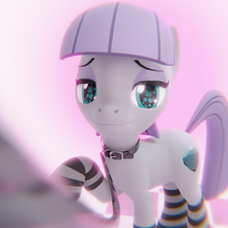 Size: 2160x2160 | Tagged: safe, artist:the luna fan, derpibooru exclusive, derpibooru import, maud pie, earth pony, pony, 3d, blender, choker, chromatic aberration, collar, female, femsub, leash, looking at you, mare, pet play, raised hoof, raised leg, smiling, smiling at you, solo, submissive, wingding eyes