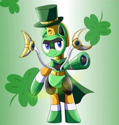 Size: 3884x4096 | Tagged: safe, artist:trackheadtherobopony, derpibooru import, oc, oc:trackhead, pony, robot, robot pony, cape, claws, clothes, gold dust, hat, holiday, saint patrick's day, shamrock