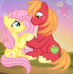 Size: 624x635 | Tagged: safe, artist:lightningsparkle95, derpibooru import, big macintosh, fluttershy, earth pony, pegasus, pony, base used, blushing, eye contact, female, fluttermac, heart, heart eyes, holding hooves, looking at each other, looking at someone, looking into each others eyes, male, mare, shipping, signature, smiling, smiling at each other, stallion, straight, sunset, wingding eyes