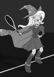 Size: 1500x2135 | Tagged: safe, artist:hexfloog, derpibooru import, trixie, equestria girls, barrette, boots, cape, clothes, commission, dress, fall formal outfits, grayscale, hat, high heel boots, monochrome, shoes, sports, tennis, tennis racket, tongue, tongue out, trixie's cape, trixie's hat