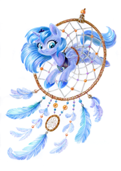 Size: 851x1200 | Tagged: safe, artist:maytee, derpibooru import, princess luna, alicorn, pony, adorable distress, colored pencil drawing, commission, commissioner:shaddar, cute, dream walker luna, dreamcatcher, dreamcaught luna, female, filly, foal, lunabetes, mare, peytral, solo, stuck, traditional art