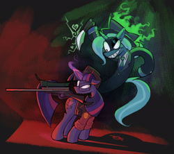 Size: 2048x1819 | Tagged: safe, artist:drzootsuit, derpibooru import, trixie, twilight sparkle, unicorn twilight, pony, unicorn, clothes, crossover, glasses, gun, knife, magic, smiling, sniper, spy, suit, team fortress 2, weapon