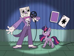 Size: 2048x1536 | Tagged: safe, artist:inkies299, derpibooru import, twilight sparkle, unicorn twilight, pony, unicorn, bowtie, clothes, crossover, cuphead, curtains, duo, grin, king dice, microphone, smiling, spotlight, style emulation, suit