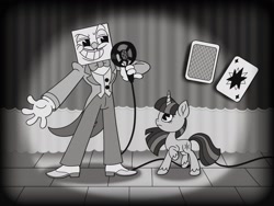 Size: 2048x1536 | Tagged: safe, alternate version, artist:inkies299, derpibooru import, twilight sparkle, unicorn twilight, pony, unicorn, black and white, bowtie, clothes, crossover, cuphead, curtains, duo, grayscale, grin, king dice, microphone, monochrome, smiling, spotlight, style emulation, suit