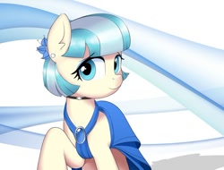 Size: 748x569 | Tagged: safe, artist:vinilyart, derpibooru import, coco pommel, earth pony, pony, abstract background, blue dress, choker, clothes, dress, female, gown, jewelry, looking at you, mare, necklace, raised hoof, raised leg, shadow, smiling, smiling at you