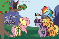 Size: 1224x803 | Tagged: safe, artist:nawnii, derpibooru import, applejack, fluttershy, rainbow dash, twilight sparkle, twilight sparkle (alicorn), alicorn, bat, earth pony, fruit bat, pegasus, pony, vampire fruit bat, bats!, apple, apple tree, food, text, tree