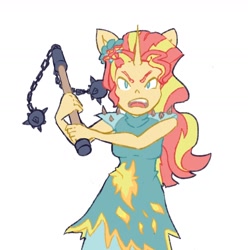 Size: 1280x1290 | Tagged: safe, artist:navy-pon, derpibooru import, sunset shimmer, anthro, unicorn, equestria girls, angry, clothes, flail, looking at you, open mouth, solo, weapon