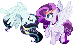 Size: 2564x1576 | Tagged: safe, artist:harmonyvitality-yt, derpibooru import, oc, oc only, pegasus, pony, base used, duo, flying, magical lesbian spawn, offspring, parent:coloratura, parent:pipp petals, parent:songbird serenade, pegasus oc, raised hoof, raised leg, simple background, transparent background, upside down, wings