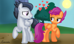 Size: 1200x720 | Tagged: safe, artist:mlplary6, derpibooru import, rumble, scootaloo, pegasus, pony, female, heart, looking at each other, looking at someone, love, male, mare, older, older rumble, older scootaloo, rumbloo, shipping, smiling, smiling at each other, stallion, straight, sun, tree
