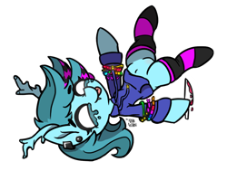 Size: 3000x2268 | Tagged: safe, artist:nyanakaru, oc, oc:carlyissleepy, pony, belly button, blood, blue coat, blue mane, bracelet, clothes, crying, dripping blood, dyed mane, exposed belly, falling, happy, hoodie, jewelry, knife, pierced ears, scene, stockings, tounge out, transparent background, upside down