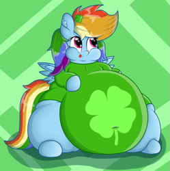 Size: 1059x1063 | Tagged: safe, artist:dullpoint, derpibooru import, rainbow dash, pegasus, pony, belly, big belly, chubby cheeks, clothes, fat, female, holiday, huge belly, mare, obese, rainblob dash, saint patrick's day, solo, tongue, tongue out, tubby wubby pony waifu