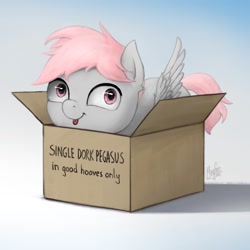 Size: 1300x1300 | Tagged: safe, artist:magfen, derpibooru import, oc, oc only, oc:cotton puff, pegasus, pony, :p, box, cute, dork, gradient background, pegasus oc, pony in a box, solo, tongue, tongue out