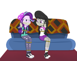 Size: 1005x795 | Tagged: safe, artist:splendidbondage, derpibooru import, octavia melody, starlight glimmer, human, equestria girls, bondage, bound and gagged, camp everfree outfits, cloth gag, clothes, converse, duo, duo female, female, females only, gag, pants, ripped pants, shoes, simple background, sofa, tied up, torn clothes, vector, white background