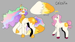 Size: 1137x640 | Tagged: safe, artist:nachosforfree, derpibooru import, princess celestia, alicorn, pony, chest fluff, jewelry, regalia, side view, solo, text, unshorn fetlocks