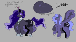 Size: 1137x640 | Tagged: safe, artist:nachosforfree, derpibooru import, princess luna, alicorn, pony, jewelry, regalia, side view, solo, spread wings, text, wings