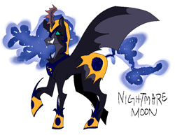 Size: 830x640 | Tagged: safe, artist:nachosforfree, derpibooru import, nightmare moon, alicorn, pony, jewelry, regalia, side view, simple background, smiling, solo, spread wings, text, white background, wings