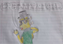 Size: 674x468 | Tagged: safe, artist:mr.myoozik, derpibooru import, oc, oc only, oc:myoozik the dragon, dragon, bandage, bracelet, brown eyes, dragon oc, fangs, folded wings, glasses, green shirt, hand behind back, hat, jewelry, lined paper, male, nervous, non-pony oc, speech bubble, talking, talking to viewer, text, top hat, traditional art, wings