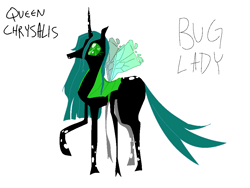 Size: 1024x768 | Tagged: safe, artist:nachosforfree, derpibooru import, queen chrysalis, changeling, changeling queen, raised hoof, raised leg, simple background, solo, standing, text, white background